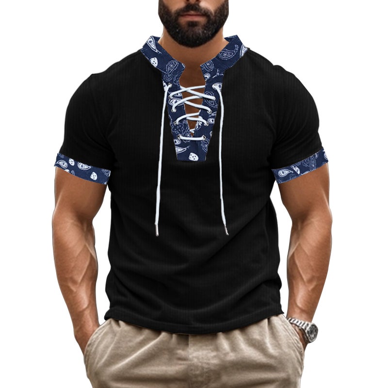 Men's Corduroy V-Neck Short Sleeve T-Shirt with Drawstring - Image 2