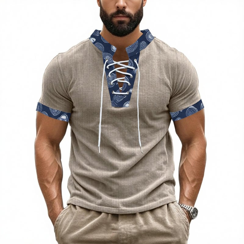 Men's Corduroy V-Neck Short Sleeve T-Shirt with Drawstring - Image 1