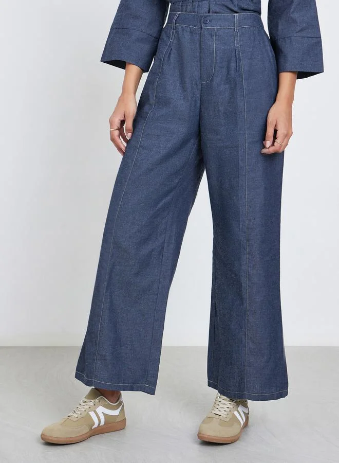 ستايلي بنطال بأرجل واسعة سادة وحلقات حزام