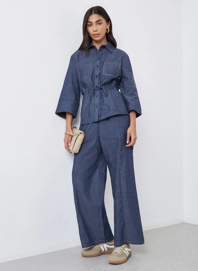 ستايلي بنطال بأرجل واسعة سادة وحلقات حزام