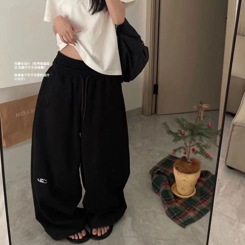 [Spring and Summer Thin] Chinese Cotton Double Waist Internet Celebrant Retro Lazy Style Spring Distinctive Wide Leg Embroidered Mop Pants Black [thin section] 