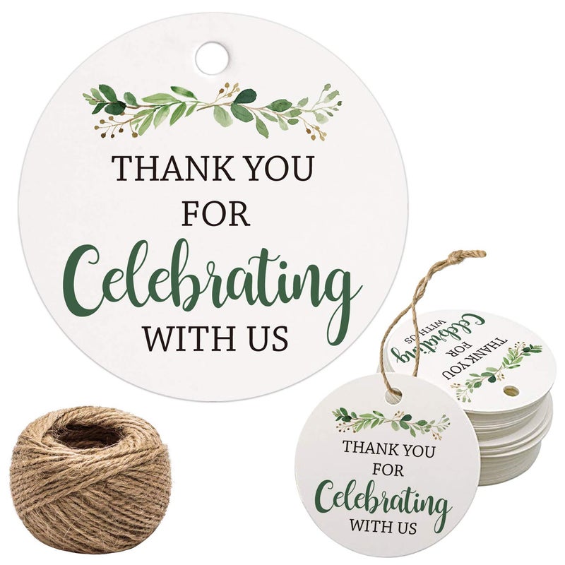 Mr.Mug Thank You for Celebrating with Us Tags, 100Pcs Greenery Thank You Tags for Wedding Birthday Baby Shower Party Favors, Paper Gift Tags with 100 Feet Jute String - Image 1