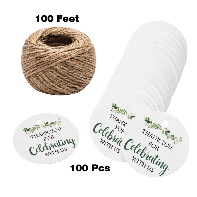 Mr.Mug Thank You for Celebrating with Us Tags, 100Pcs Greenery Thank You Tags for Wedding Birthday Baby Shower Party Favors, Paper Gift Tags with 100 Feet Jute String - Image 2