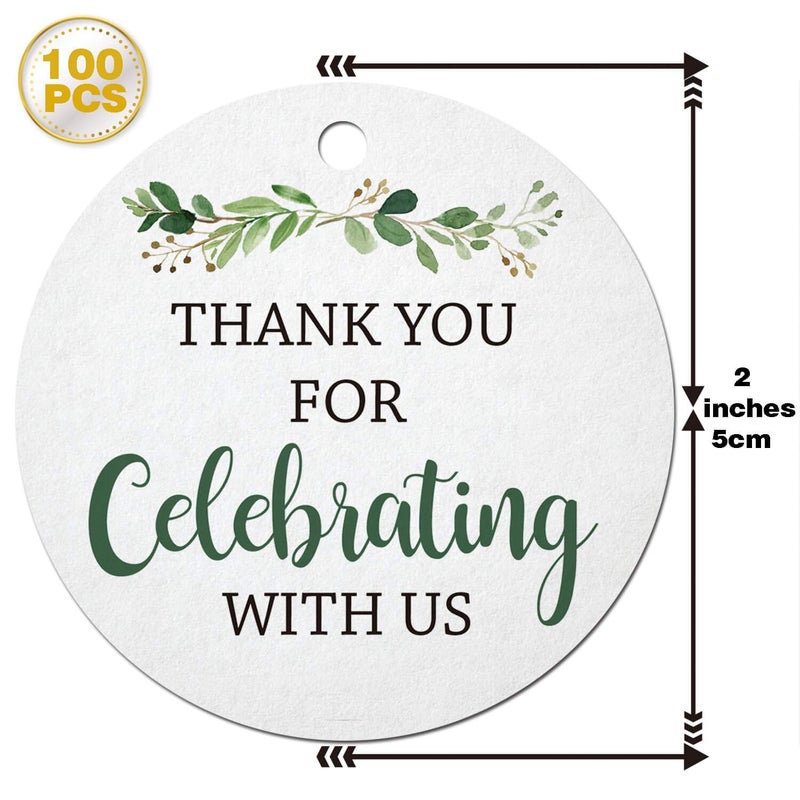 Mr.Mug Thank You for Celebrating with Us Tags, 100Pcs Greenery Thank You Tags for Wedding Birthday Baby Shower Party Favors, Paper Gift Tags with 100 Feet Jute String - Image 3