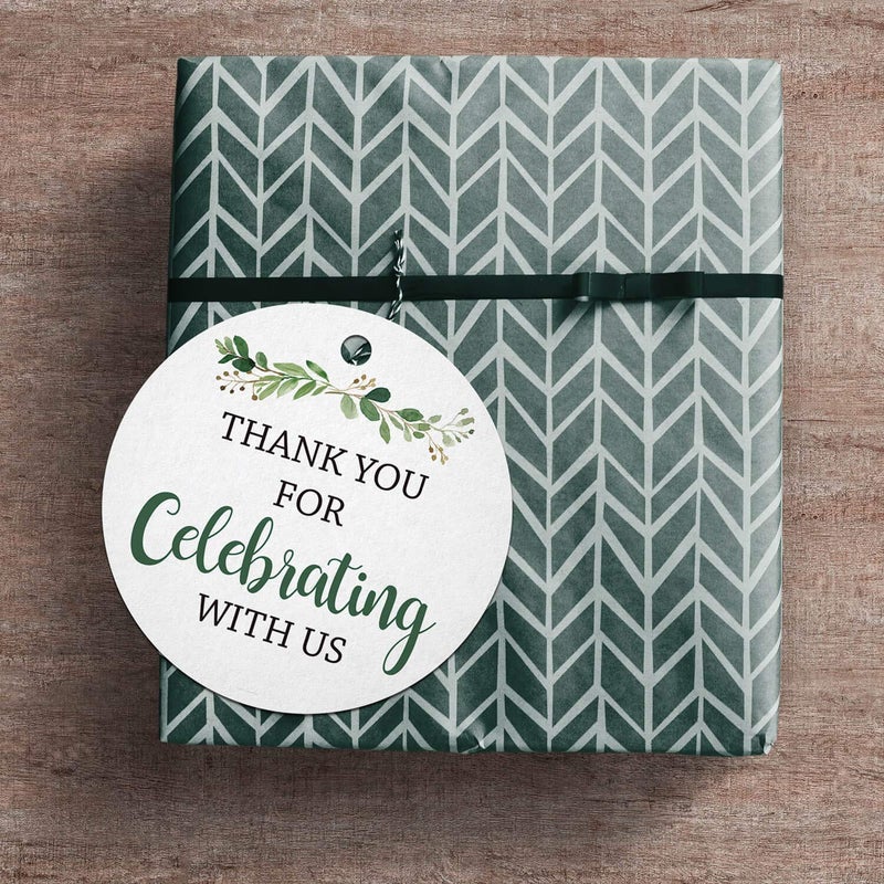 Mr.Mug Thank You for Celebrating with Us Tags, 100Pcs Greenery Thank You Tags for Wedding Birthday Baby Shower Party Favors, Paper Gift Tags with 100 Feet Jute String - Image 5