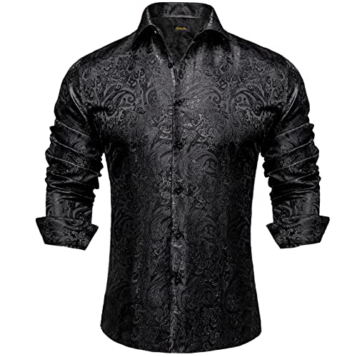 DiBanGu Mens Silk Paisley Dress Shirts,Long Sleeve Button Down Shirt Casual Regular Fit Shirt for Men Wedding Party, Black, Large - Image 1