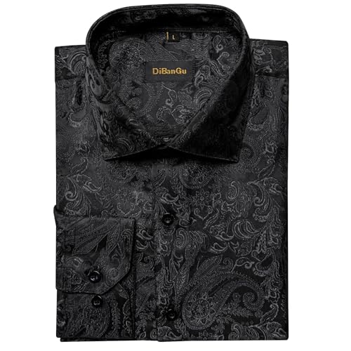 DiBanGu Mens Silk Paisley Dress Shirts,Long Sleeve Button Down Shirt Casual Regular Fit Shirt for Men Wedding Party, Black, Large - Image 5