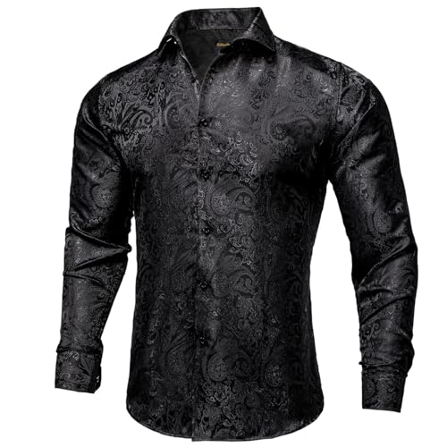 DiBanGu Mens Silk Paisley Dress Shirts,Long Sleeve Button Down Shirt Casual Regular Fit Shirt for Men Wedding Party, Black, Large - Image 2
