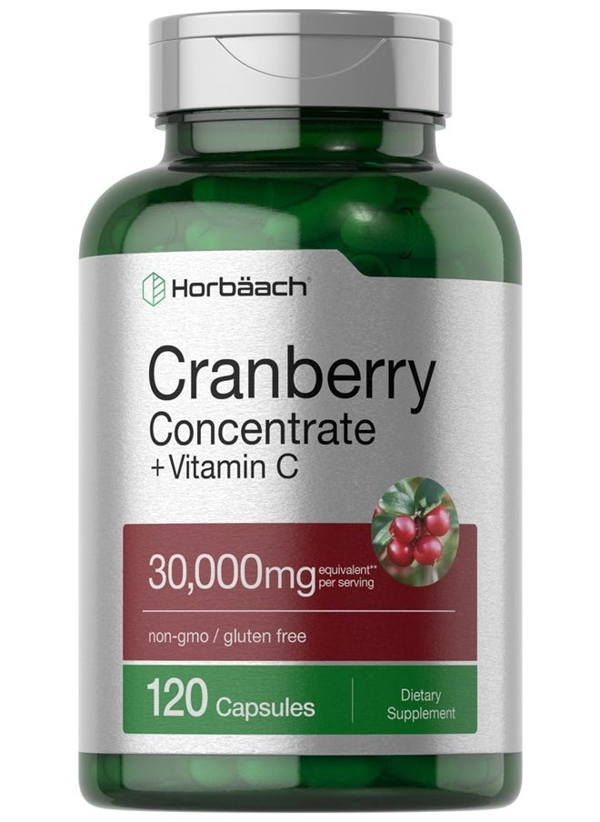 Horbaach Cranberry Concentrate Extract Pills + Vitamin C | 30,000mg | 120 Capsules | Triple Strength Ultimate Potency Formula | Non-GMO and Gluten Free Supplement  - Image 1