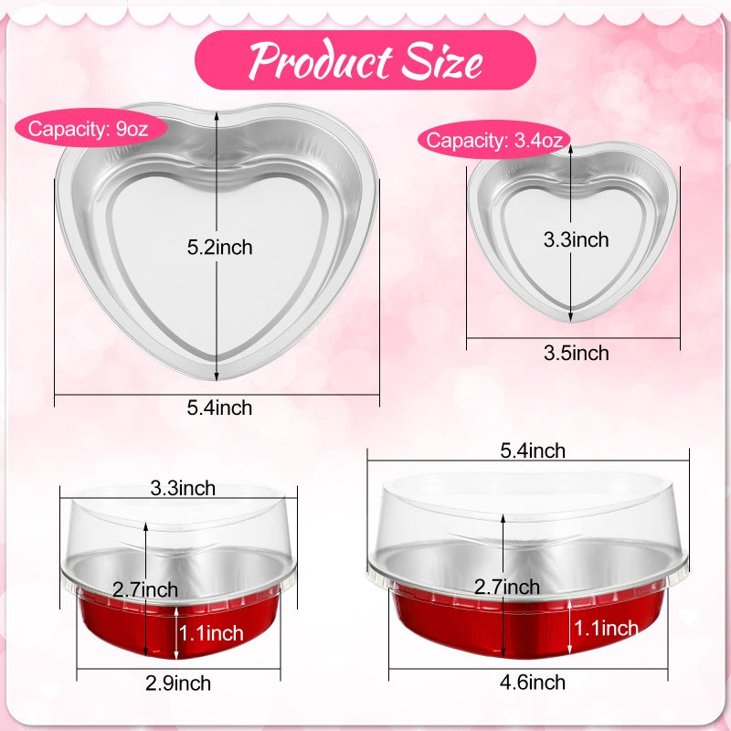Meanplan 60 Pcs Valentine's Day Heart Shaped Cake Pans 3.4 oz, 9 oz Aluminum Foil Cupcake Baking Cups Mini Cake Pans with Lids Mini Heart Pan Cupcake Liners for Wedding Xmas Party(Red) - Image 2