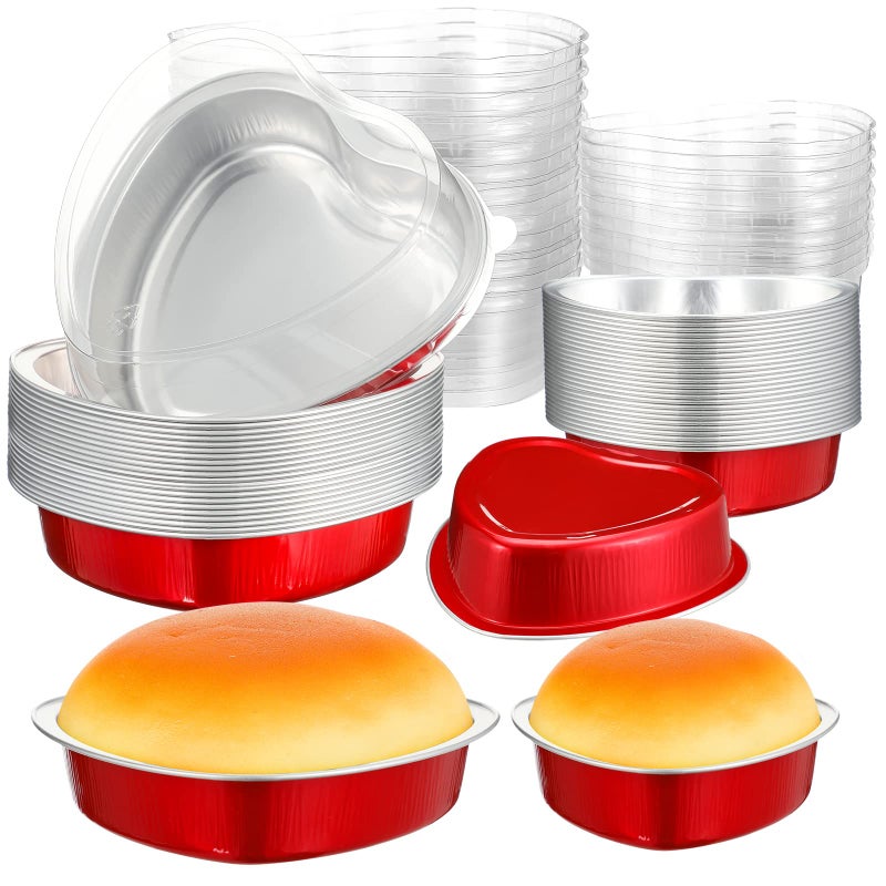 Meanplan 60 Pcs Valentine's Day Heart Shaped Cake Pans 3.4 oz, 9 oz Aluminum Foil Cupcake Baking Cups Mini Cake Pans with Lids Mini Heart Pan Cupcake Liners for Wedding Xmas Party(Red) - Image 1