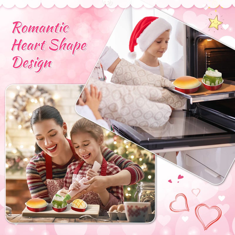 Meanplan 60 Pcs Valentine's Day Heart Shaped Cake Pans 3.4 oz, 9 oz Aluminum Foil Cupcake Baking Cups Mini Cake Pans with Lids Mini Heart Pan Cupcake Liners for Wedding Xmas Party(Red) - Image 5