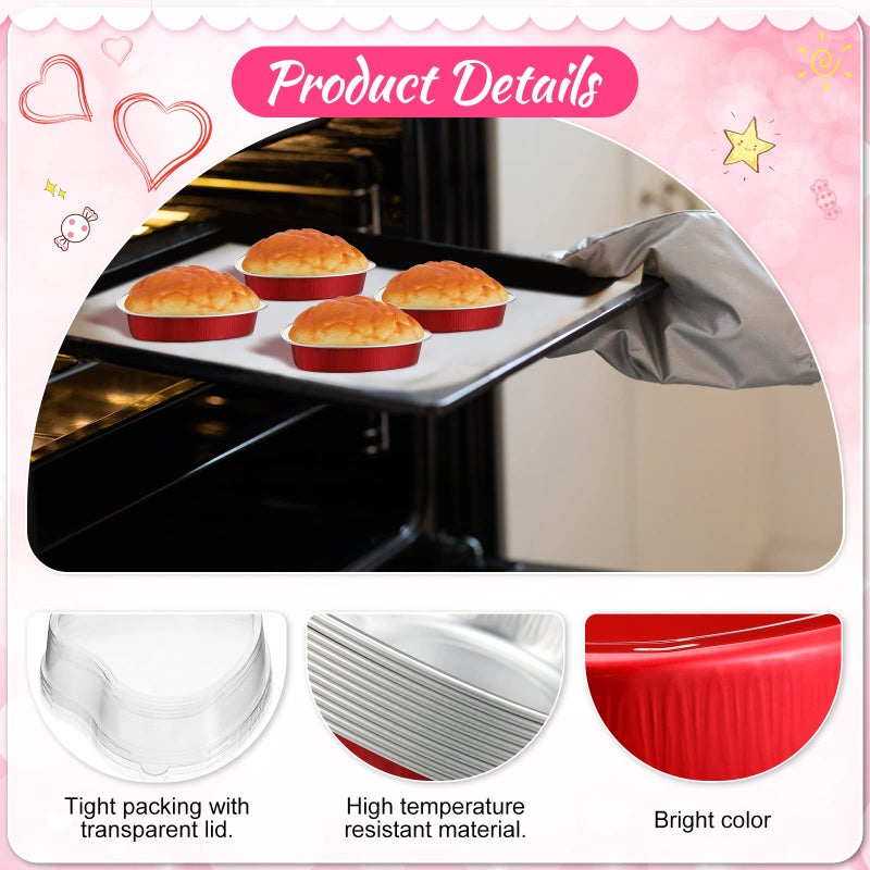 Meanplan 60 Pcs Valentine's Day Heart Shaped Cake Pans 3.4 oz, 9 oz Aluminum Foil Cupcake Baking Cups Mini Cake Pans with Lids Mini Heart Pan Cupcake Liners for Wedding Xmas Party(Red) - Image 3