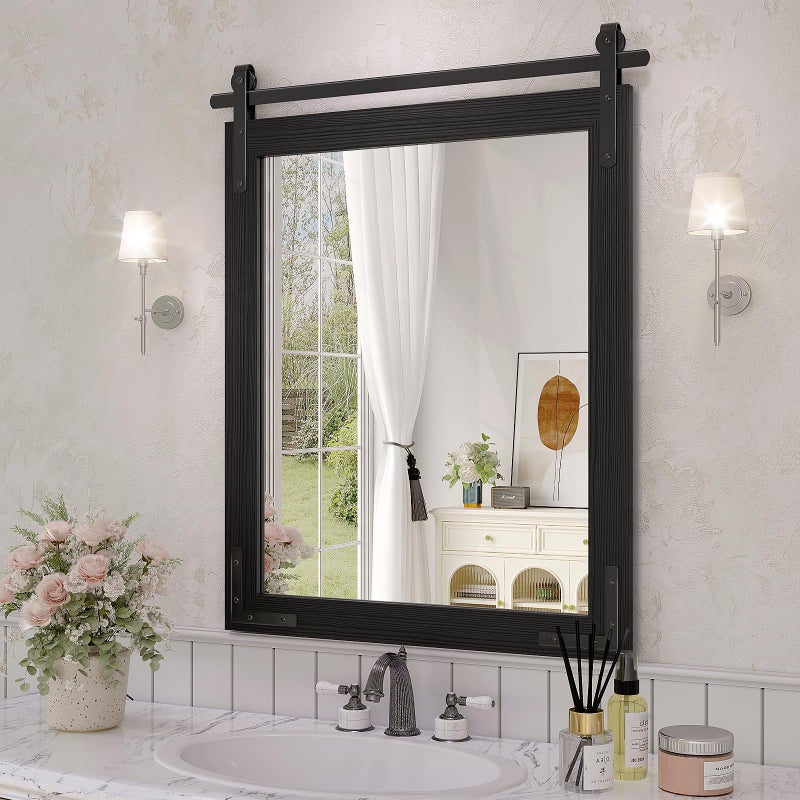 JIINGYO Black Farmhouse Mirror for Wall, 22x30 Inch Wood Framed Rectangle Bathroom Vanity Mirror, Barn Door Style Mirrors Decor Mirror for Living Room Bedroom Entryway - Image 1