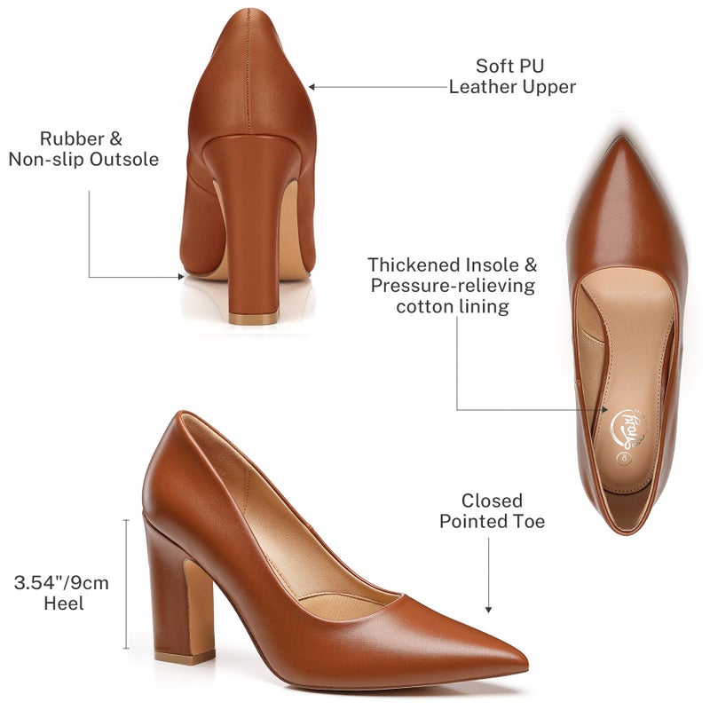 Trary Brown Heels Women's Closed Pointed Toe Chunky Pumps Block High Heels Comfortable Slip-On Office Party Wedding Dress Shoes 3.54" Heels Size 7 - Image 5