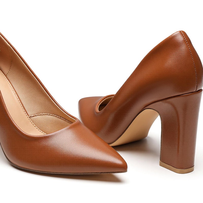 Trary Brown Heels Women's Closed Pointed Toe Chunky Pumps Block High Heels Comfortable Slip-On Office Party Wedding Dress Shoes 3.54" Heels Size 7 - Image 3