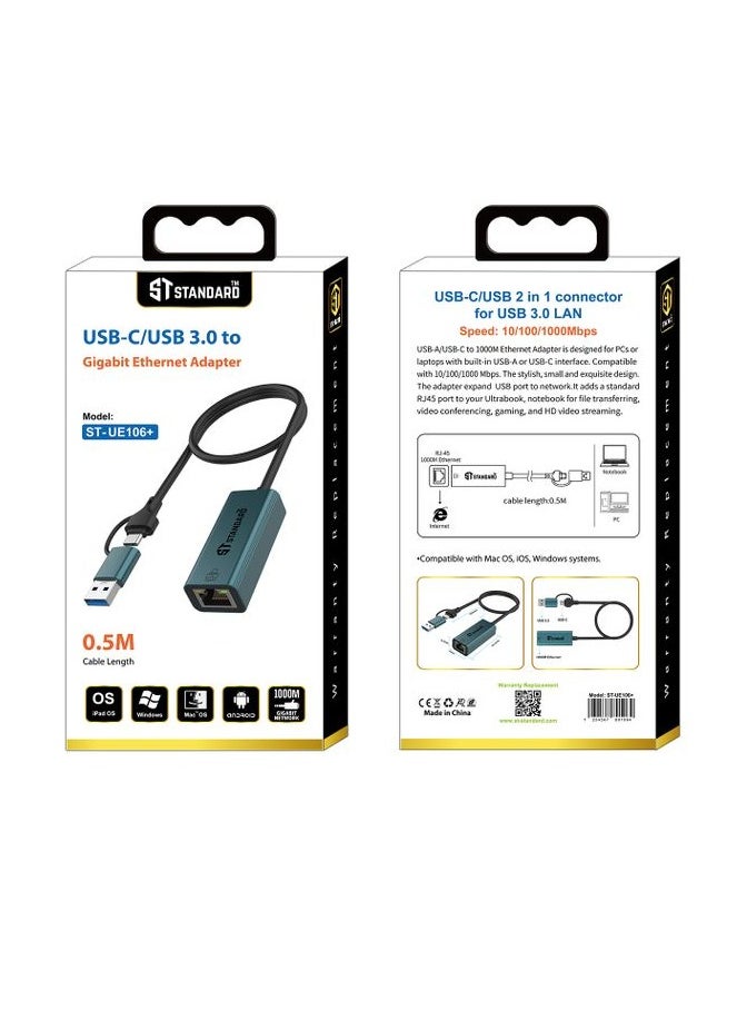 USB C + USB 3.0 TO Gigabit Ethernet with Speed 10/100/1000 Mbps Compatible with Mac OS, iOS, Windows systems