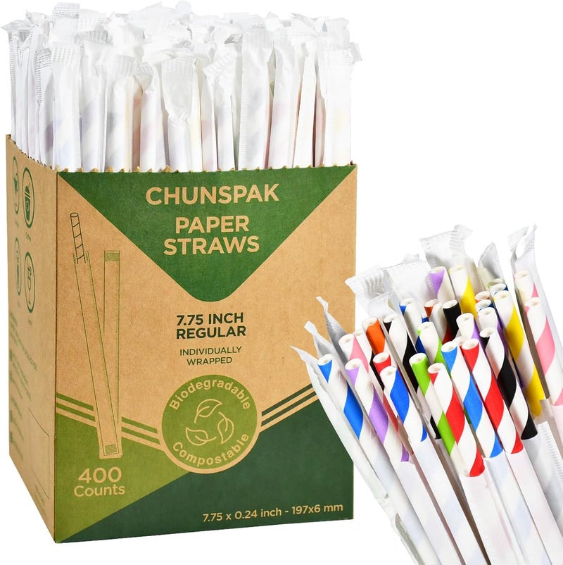 chunspak مصاصات ورقية للشرب يمكن التخلص منها ومغلفة بشكل فردي 7.75 × 0.24 بوصة - خطوط ملونة [400 قطعة] - صديقة للبيئة وقابلة للتحلل البيولوجي - Image 1