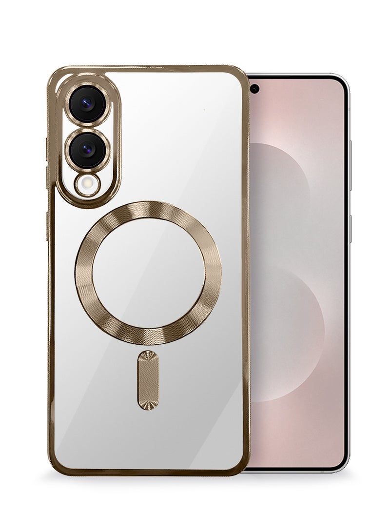 Wtech Samsung Galaxy S25 Edge 5G 2025 Magsafe PU Luxury Plating Raised Lips Camera Hole With Camera Lens Protection Case Cover - Clear/Brown Titanium - Image 1