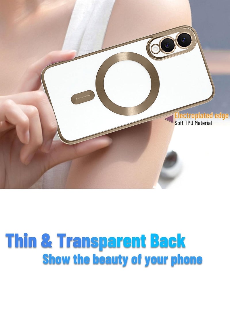 Wtech Samsung Galaxy S25 Edge 5G 2025 Magsafe PU Luxury Plating Raised Lips Camera Hole With Camera Lens Protection Case Cover - Clear/Brown Titanium - Image 2