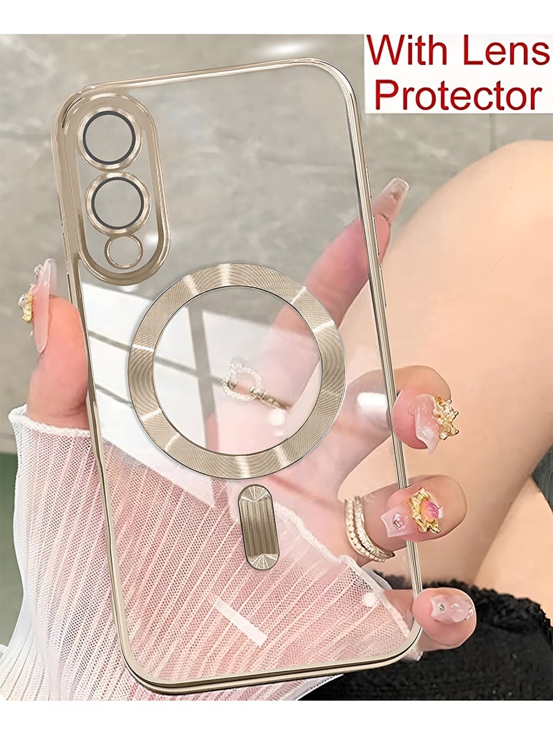 Wtech Samsung Galaxy S25 Edge 5G 2025 Magsafe PU Luxury Plating Raised Lips Camera Hole With Camera Lens Protection Case Cover - Clear/Brown Titanium - Image 5