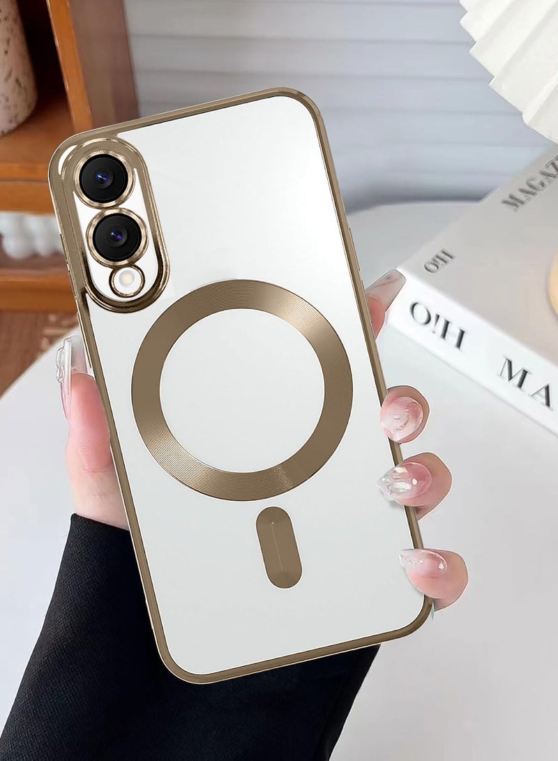 Wtech Samsung Galaxy S25 Edge 5G 2025 Magsafe PU Luxury Plating Raised Lips Camera Hole With Camera Lens Protection Case Cover - Clear/Brown Titanium - Image 4