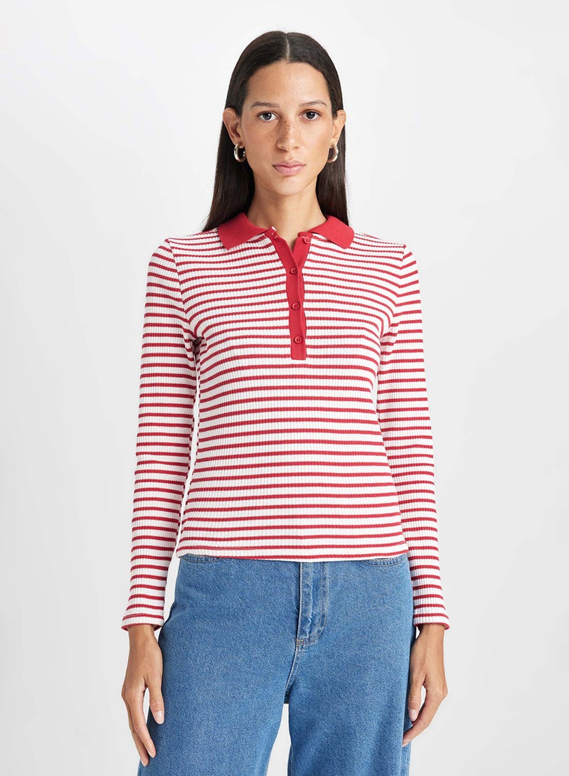 DeFacto Slim Fit Polo Neck Buttoned Striped Ribbed Long Sleeve T-Shirt  - Image 1