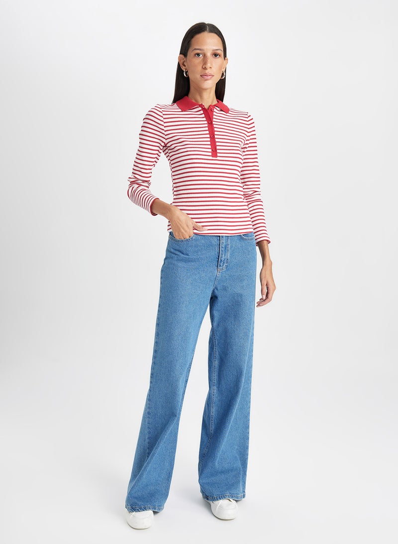 DeFacto Slim Fit Polo Neck Buttoned Striped Ribbed Long Sleeve T-Shirt  - Image 4