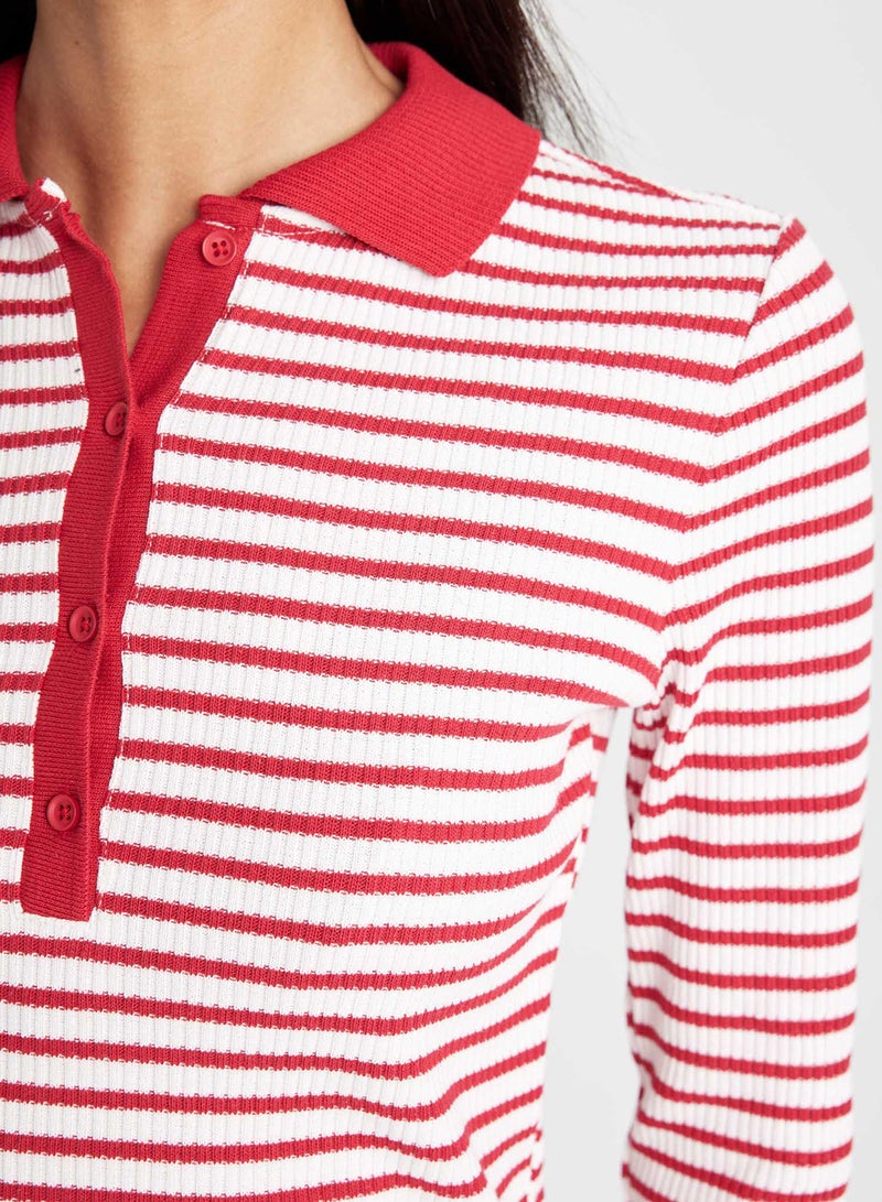 DeFacto Slim Fit Polo Neck Buttoned Striped Ribbed Long Sleeve T-Shirt  - Image 3