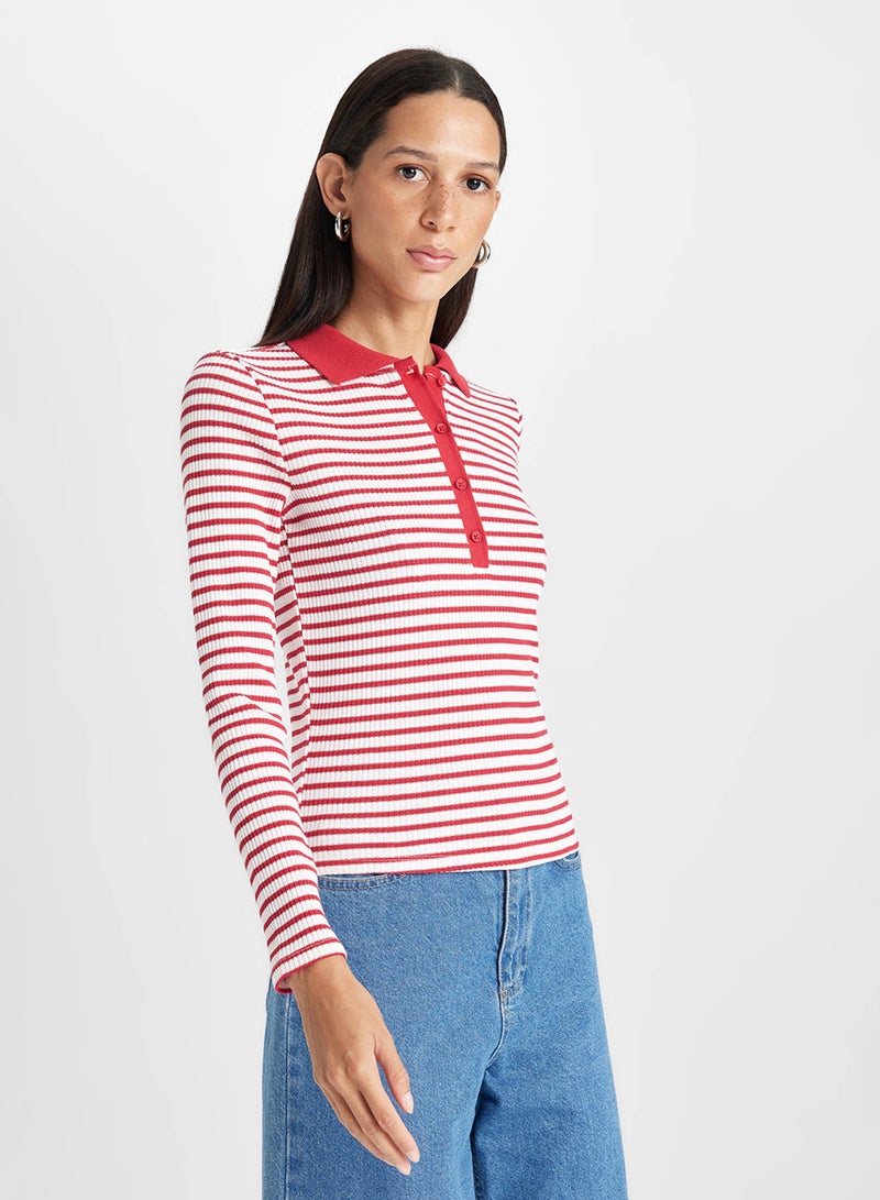 DeFacto Slim Fit Polo Neck Buttoned Striped Ribbed Long Sleeve T-Shirt  - Image 2