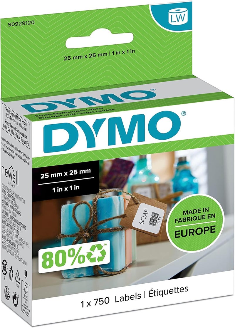 Dymo Authentic LabelWriter Small Multi-Purpose Labels | 25mm x 25mm | Roll of 750 Easy-Peel Labels | Self-Adhesive | for LabelWriter Label Makers - Image 1
