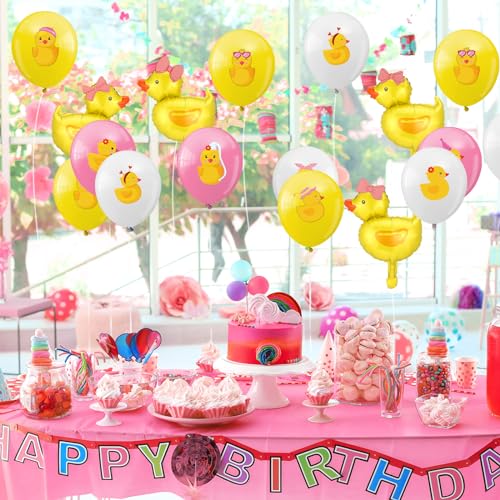 Sratte زينة حفلات البط المطاطية 40 قطعة بالون بط بمواضيع زينة الحفلات 12 بوصة بالونات فويل زرقاء وردية صفراء بيضاء بالونات لاتكس لمستلزمات حفلات الاستحمام للأطفال وأعياد الميلاد (رباط) - Image 5