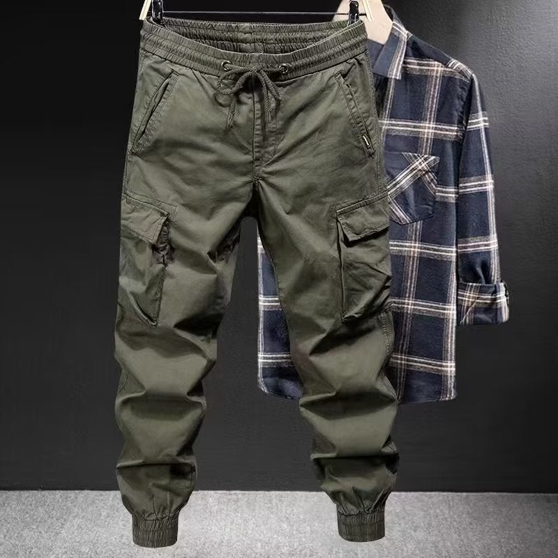 Foreign trade overalls mens autumn and winter New Korean style loose plus size casual pants outdoor fashion brand multi-pocket ankle-tied pants Green (regular) - Image 1