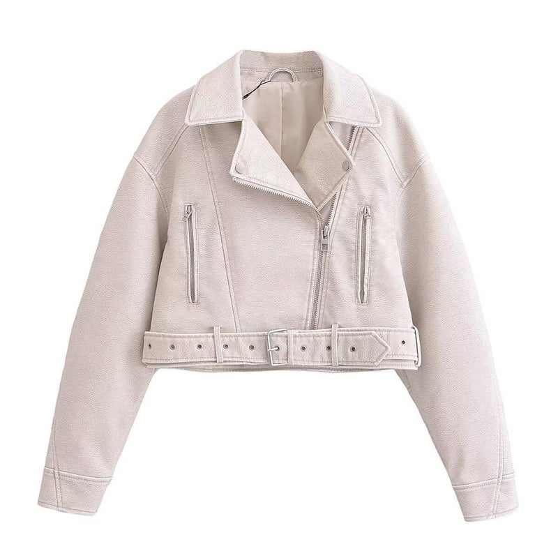 2024 Fall New Chic Faux Leather Biker Jacket White 