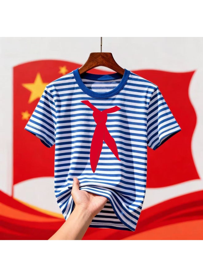 Primary And Middle School Students Red Scarf Activity Class Clothes National Day Family Clothes Pure Cotton Sea Soul Shirt T-shirt Short Sleeve Blue And White Striped Trendy