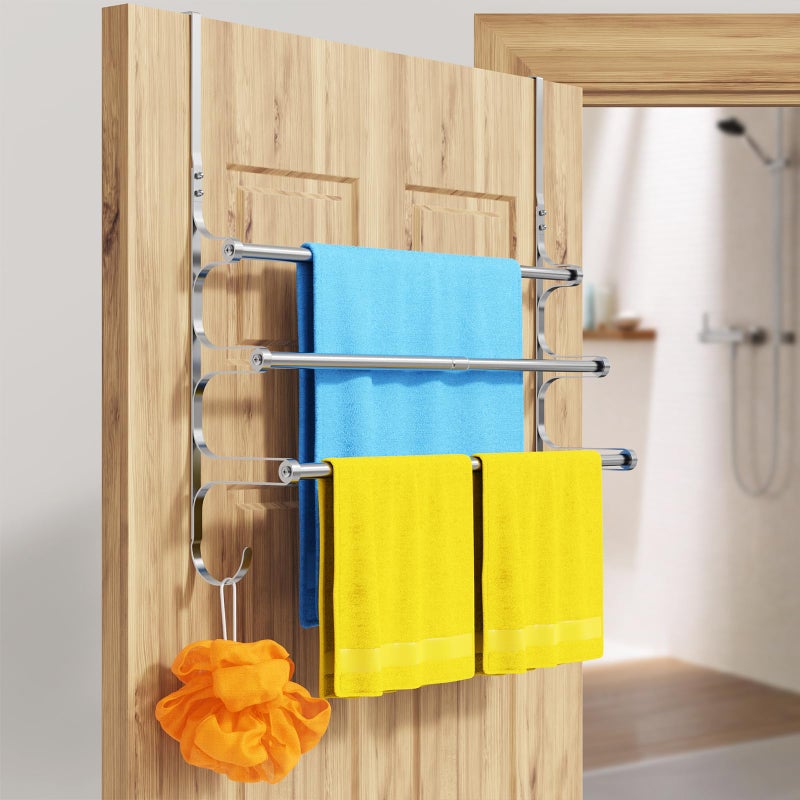 CANYAVE Over The Door Towel Rack, Over Door Towel Rack for Bathroom Door, Triple Towel Storage Holder with Hooks (Silver) - Image 4