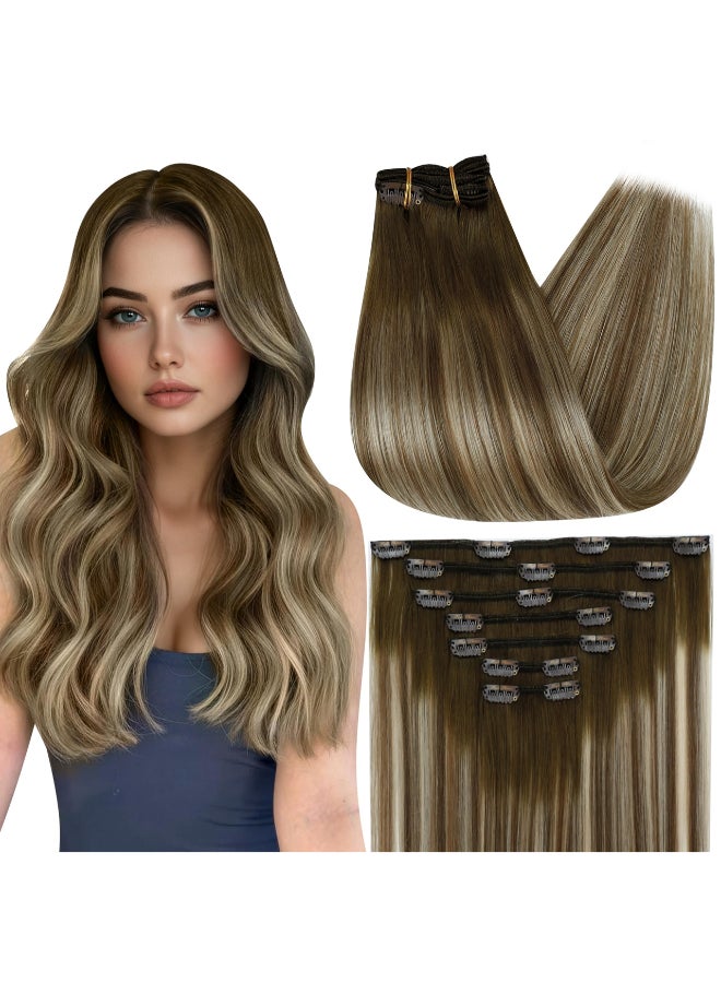 Full Shine Clip in Hair Extensions Balayage Invisible Hair Extensions Human Hair Balayage Medium Brown to Ash Brown Mix Light Blonde Double Weft Human Hair Clip in Extensions 18 Inch 7 Pcs 120g - Image 3