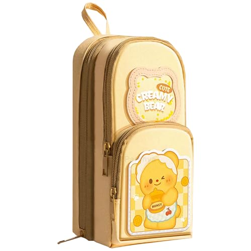 Parshya Canvas Kawaii Pencil Case 3 Compartment Cute Pencil Case for Girls Large Capacity Pen Pencil Pouch Smooth Zipper Multifunctional Stationery Organizer for School Office (HT Brown Bara) - Image 1