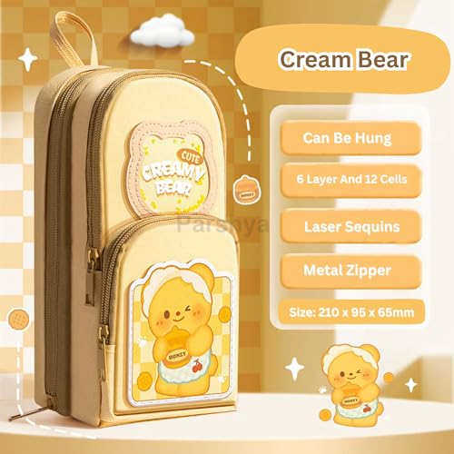 Parshya Canvas Kawaii Pencil Case 3 Compartment Cute Pencil Case for Girls Large Capacity Pen Pencil Pouch Smooth Zipper Multifunctional Stationery Organizer for School Office (HT Brown Bara) - Image 2