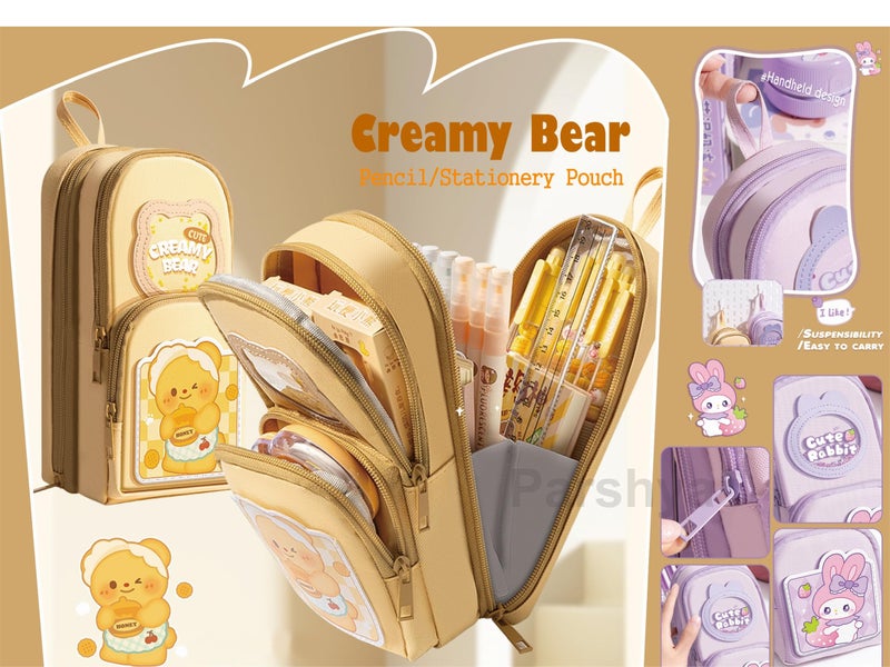 Parshya Canvas Kawaii Pencil Case 3 Compartment Cute Pencil Case for Girls Large Capacity Pen Pencil Pouch Smooth Zipper Multifunctional Stationery Organizer for School Office (HT Brown Bara) - Image 3