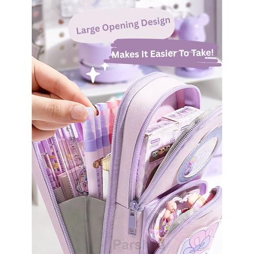 Parshya Canvas Kawaii Pencil Case 3 Compartment Cute Pencil Case for Girls Large Capacity Pen Pencil Pouch Smooth Zipper Multifunctional Stationery Organizer for School Office (HT Brown Bara) - Image 4