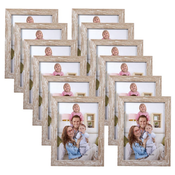 5X7 PICTURE FRAME DISTRESSED BEIGE WHITE SET OF 12 MULTI RUSTIC WOOD GRAIN 5 BY 7 PHOTO FRAMES BULK FOR WALL OR TABLETOP DISPLAY
