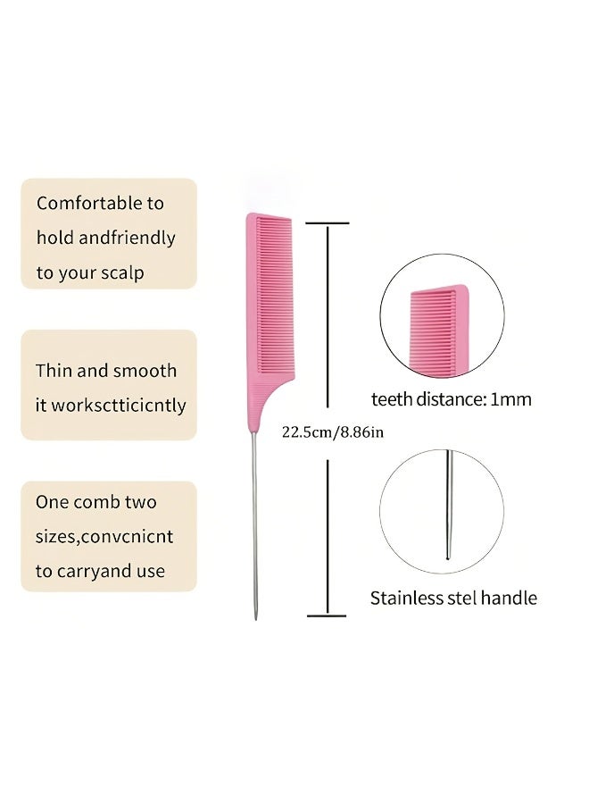 Pink Fine-Tooth Tail Comb with Stainless Steel Handle, 22.5cm - Image 2
