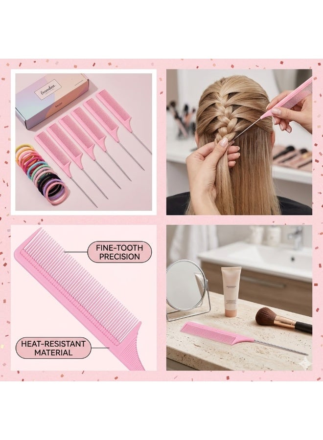 Pink Fine-Tooth Tail Comb with Stainless Steel Handle, 22.5cm - Image 3