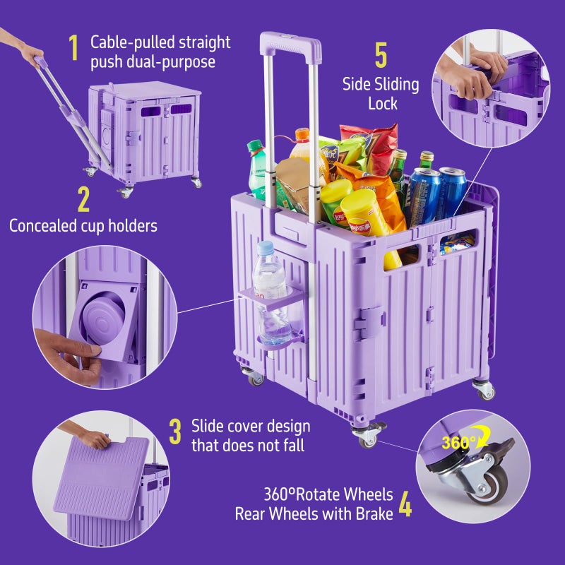 SUBICOO Folding Utility Cart Portable Rolling Crate Handcart Shopping Trolley Collapsible Tool Box, with Lid, Basket on 4 Rotate Wheels, for Grocery, Shopping, Office, Storage, Teacher (Purple) - Image 3