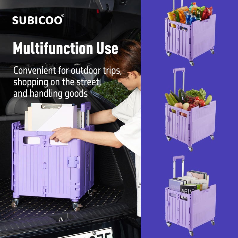 SUBICOO Folding Utility Cart Portable Rolling Crate Handcart Shopping Trolley Collapsible Tool Box, with Lid, Basket on 4 Rotate Wheels, for Grocery, Shopping, Office, Storage, Teacher (Purple) - Image 2