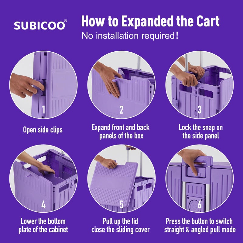 SUBICOO Folding Utility Cart Portable Rolling Crate Handcart Shopping Trolley Collapsible Tool Box, with Lid, Basket on 4 Rotate Wheels, for Grocery, Shopping, Office, Storage, Teacher (Purple) - Image 5