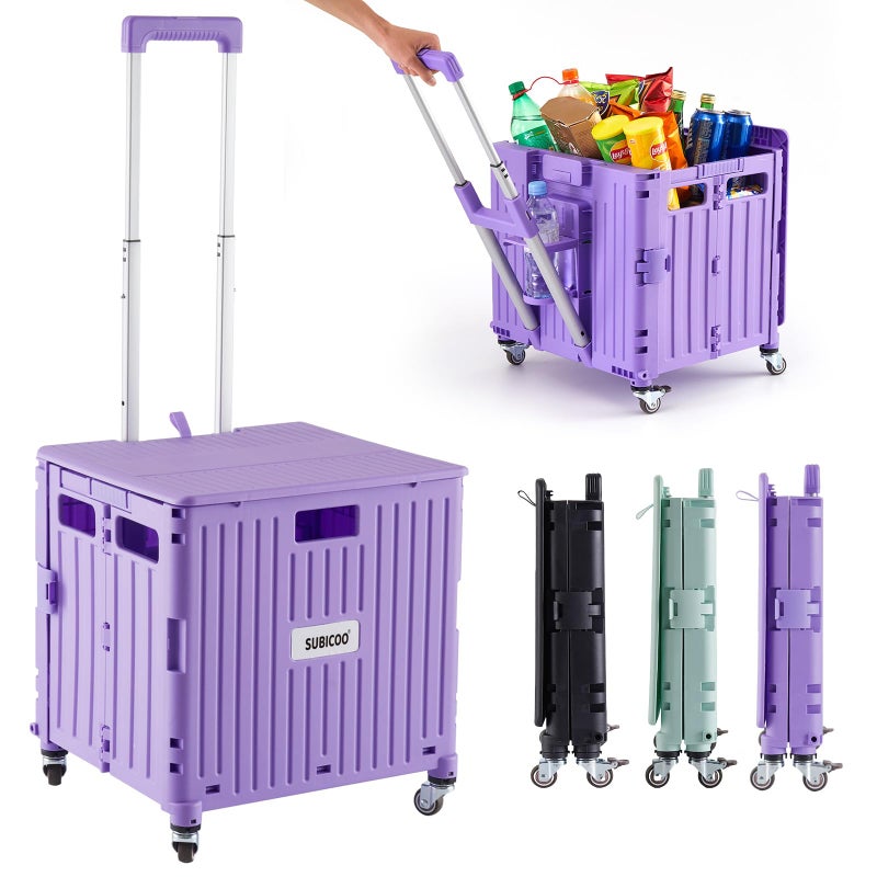 SUBICOO Folding Utility Cart Portable Rolling Crate Handcart Shopping Trolley Collapsible Tool Box, with Lid, Basket on 4 Rotate Wheels, for Grocery, Shopping, Office, Storage, Teacher (Purple) - Image 1