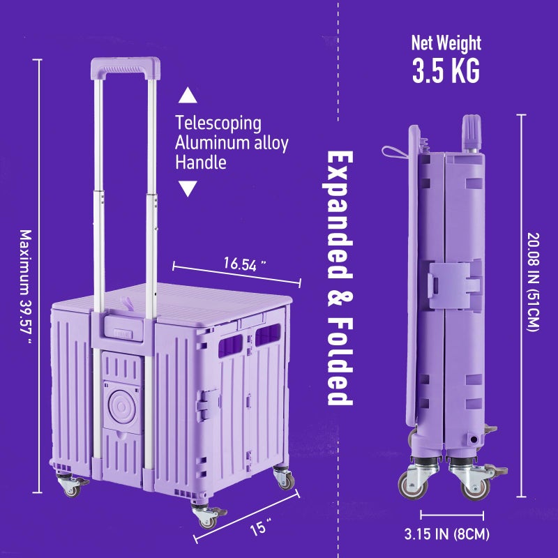 SUBICOO Folding Utility Cart Portable Rolling Crate Handcart Shopping Trolley Collapsible Tool Box, with Lid, Basket on 4 Rotate Wheels, for Grocery, Shopping, Office, Storage, Teacher (Purple) - Image 4
