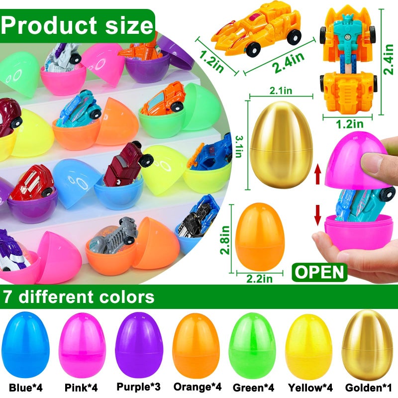 AMENON [1 Gold Egg] 24 Pack Prefilled Easter Egg Filled with Transform Car Robot Toys, 24 Eggs + 24 Car Robot Toys for Kids, Easter Basket Stuffers Classroom Exchange for Boys 24 Vehicle Party Favor Egg Hunt - Image 2